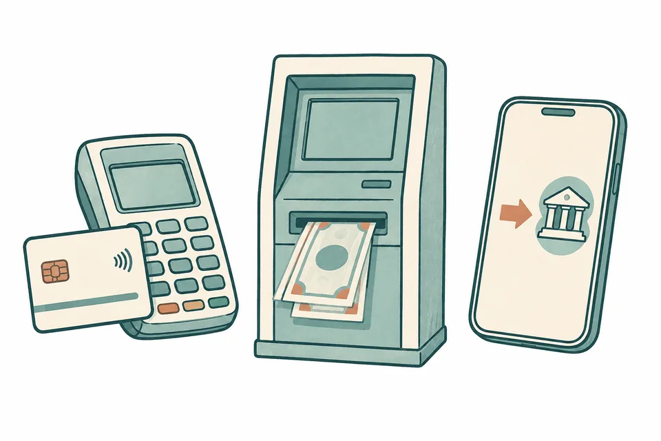 Card payment, cash withdrawal and bank transfer