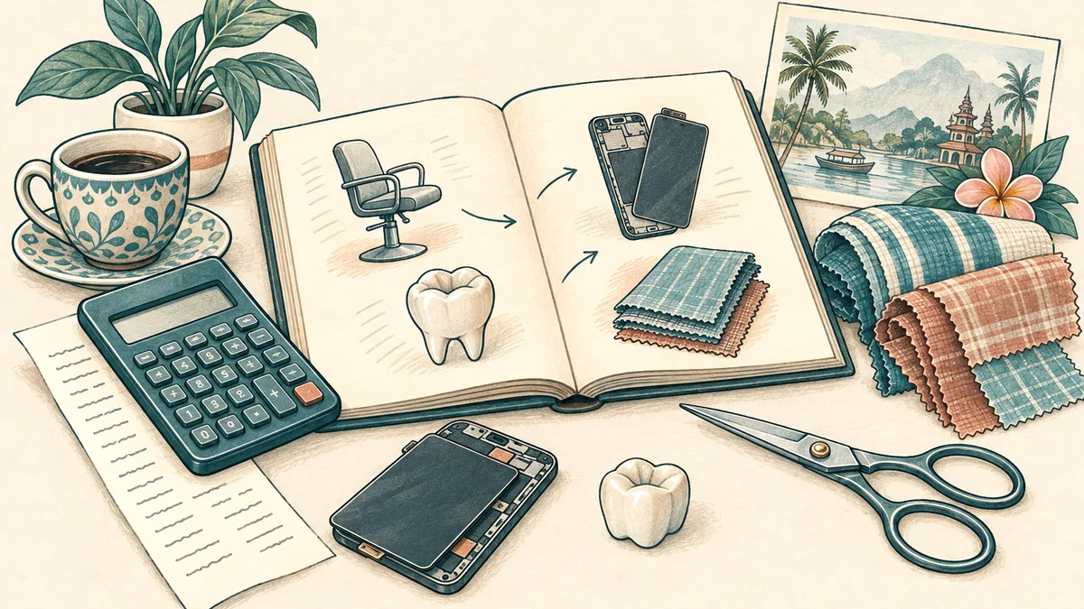 A research notebook with a calculator, service tools, phone parts and fabric samples