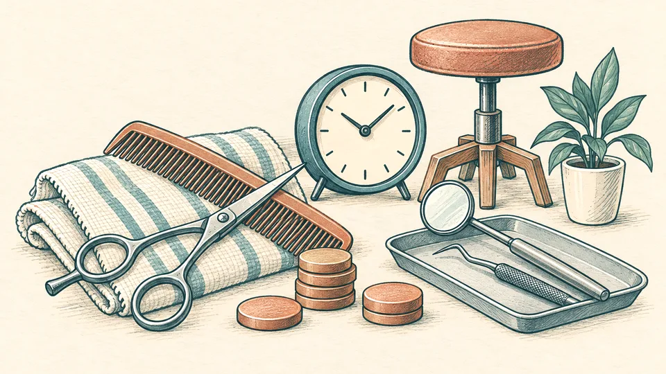 Scissors, a comb, a dentist mirror, a clock and plain coins on paper