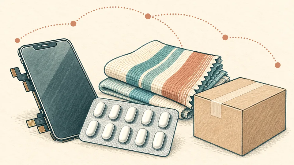 A phone screen, medicine blister, textile swatch and parcel box on paper